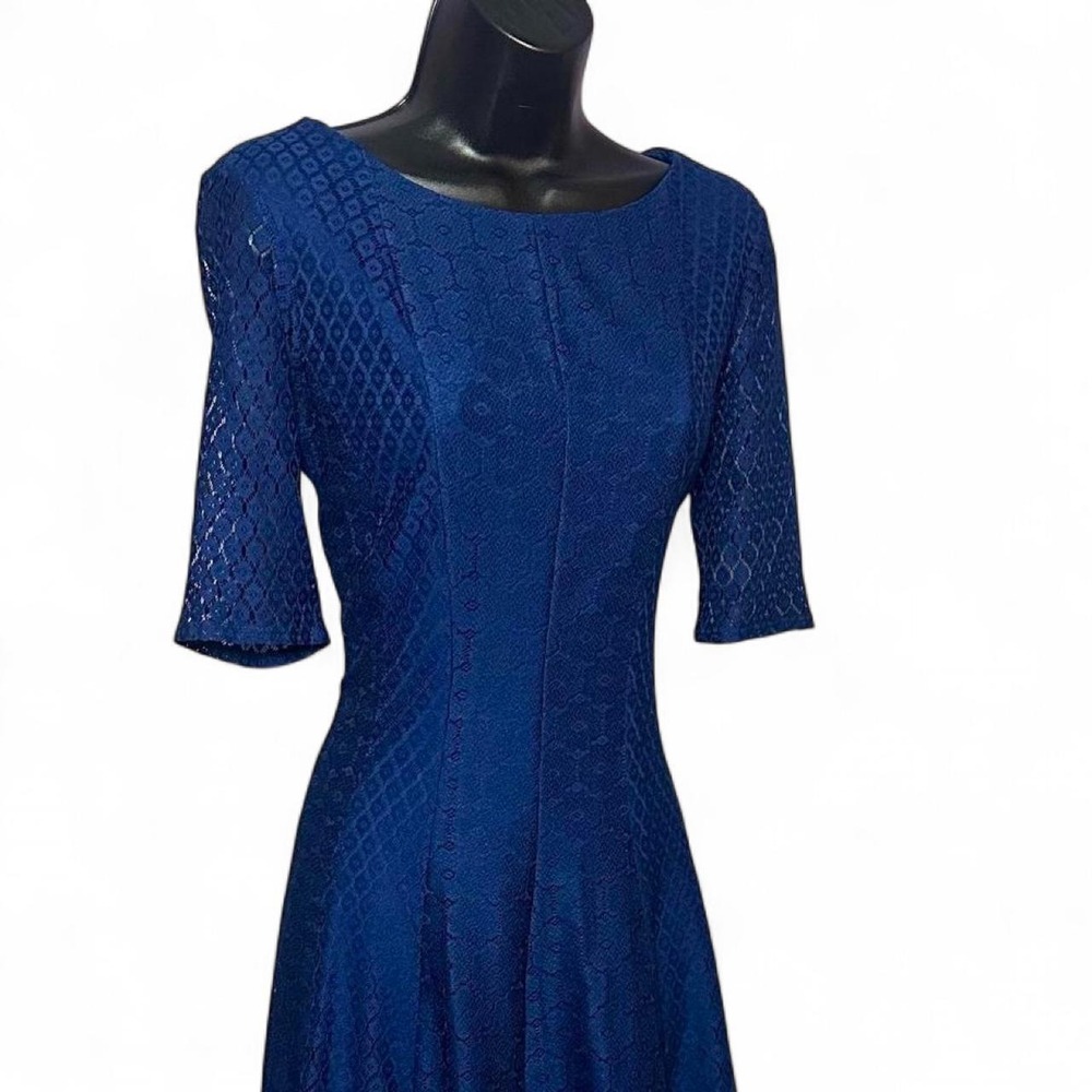 Danny & Nicole short sleeve lace midi dress blue lined silver zipper tapered